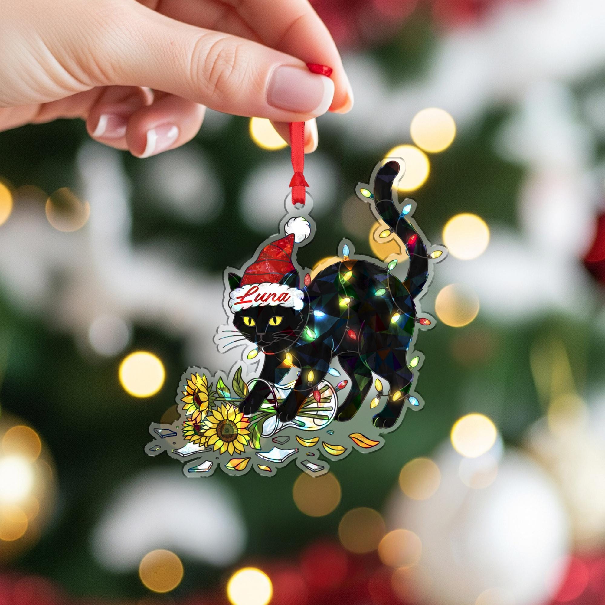 Personalized Black Cat Ornament, Custom Name Holographic Christmas Tree Decor
