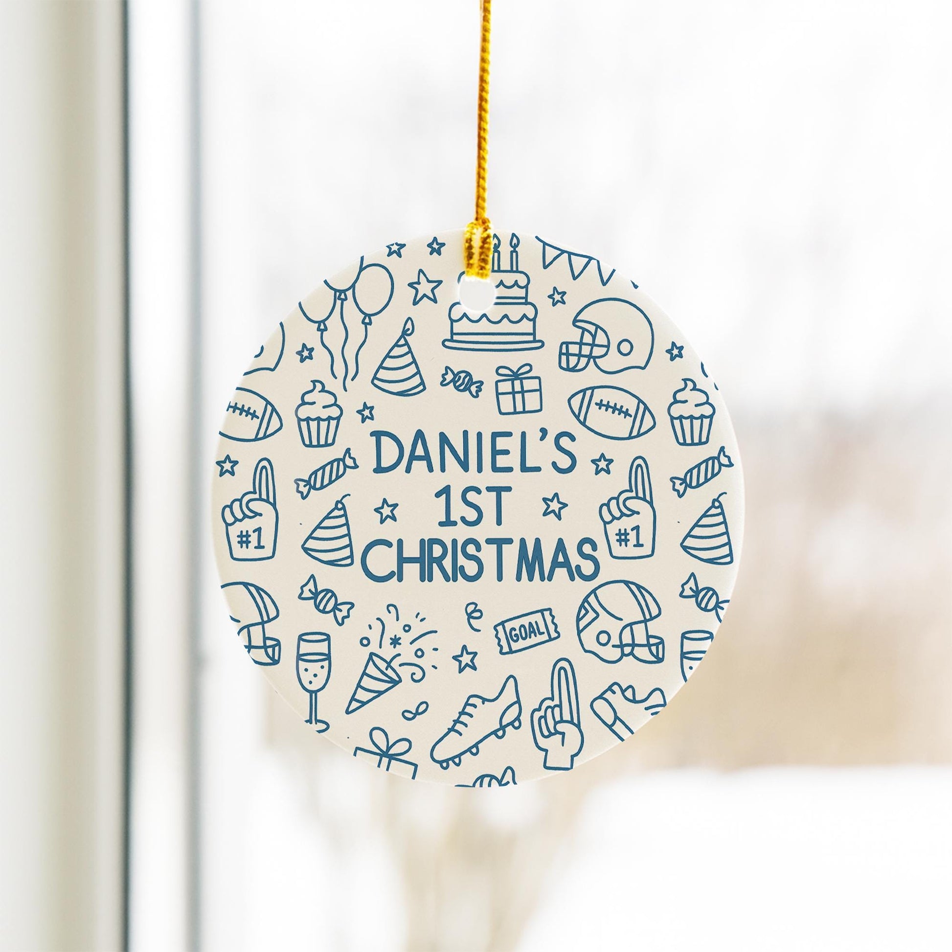 Personalized Baby 1st Christmas Ornament - Sports Football Doodle Ceramic Keepsake