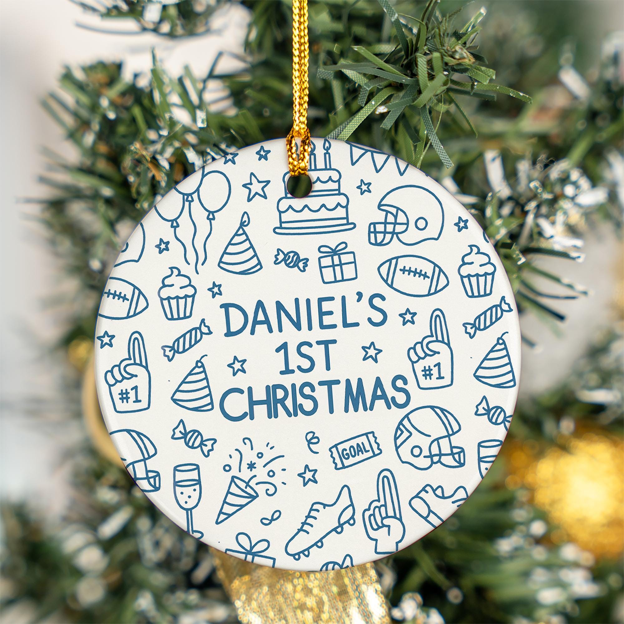 Personalized Baby 1st Christmas Ornament - Sports Football Doodle Ceramic Keepsake