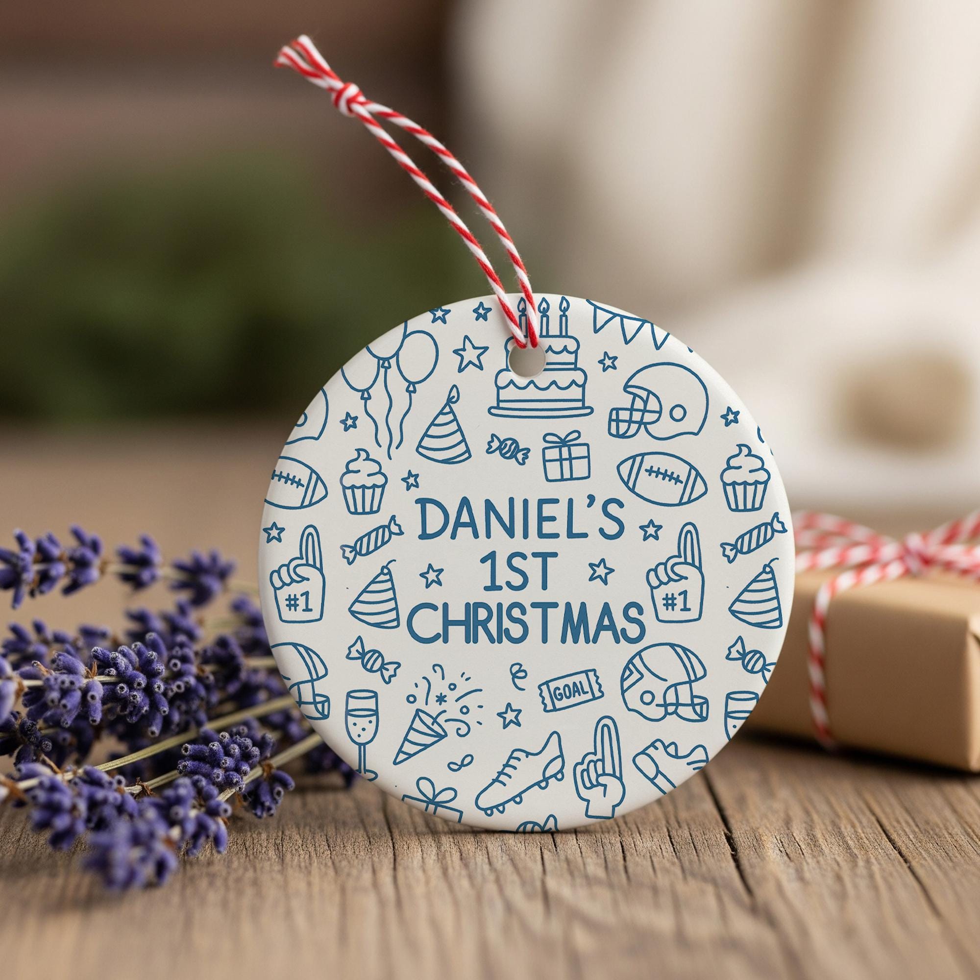 Personalized Baby 1st Christmas Ornament - Sports Football Doodle Ceramic Keepsake