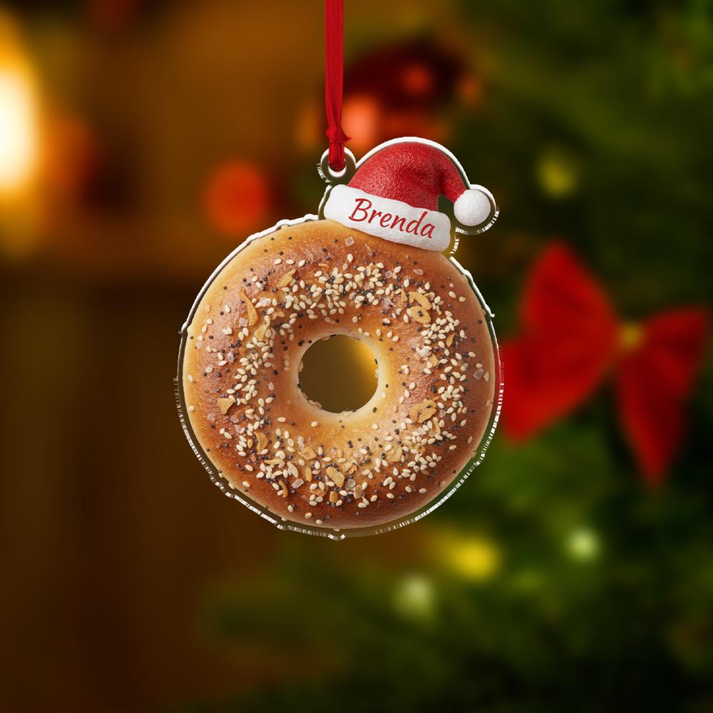 Personalized Bagel Ornament, Acrylic Bagel with Santa Hat & Name