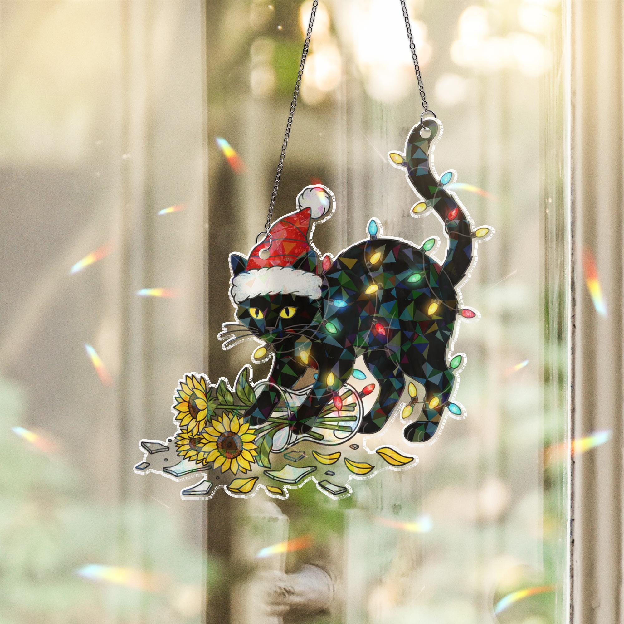 Black Cat Christmas Window Hanging, Funny Holographic Holiday Suncatcher Decor