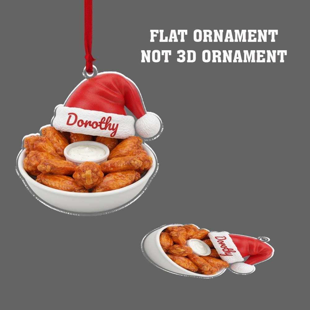 Personalized Chicken Wing Ornament, Acrylic Wing with Santa Hat & Name