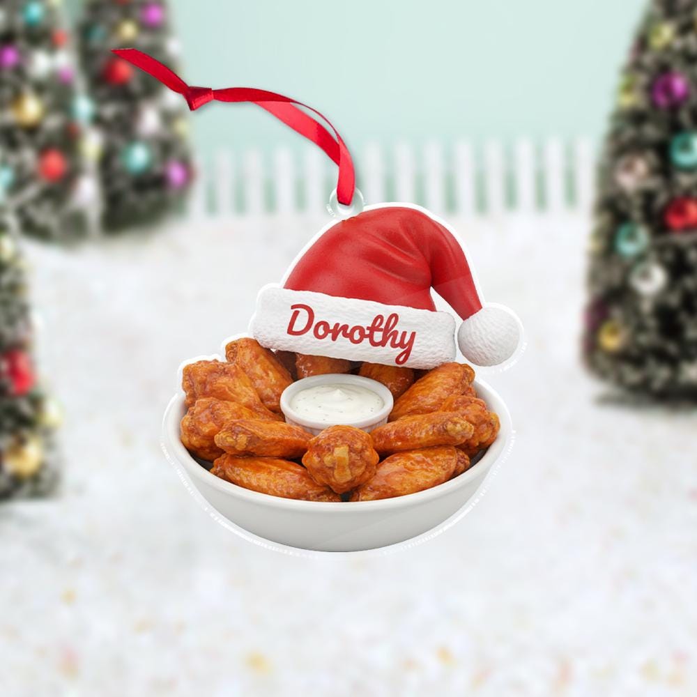 Personalized Chicken Wing Ornament, Acrylic Wing with Santa Hat & Name