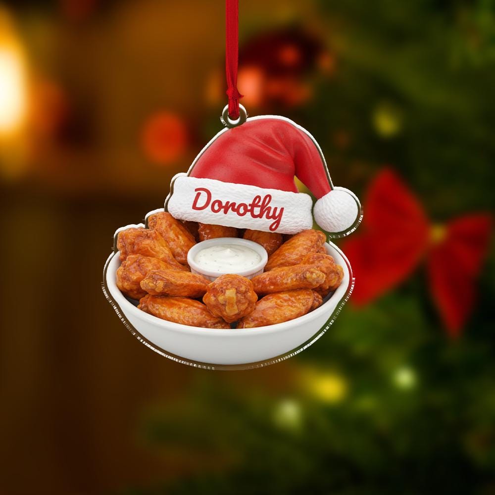 Personalized Chicken Wing Ornament, Acrylic Wing with Santa Hat & Name