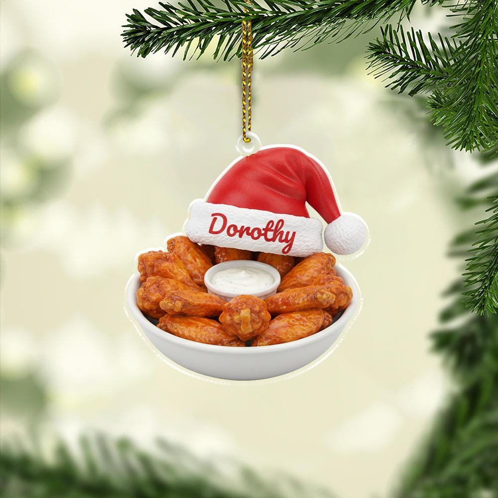 Personalized Chicken Wing Ornament, Acrylic Wing with Santa Hat & Name