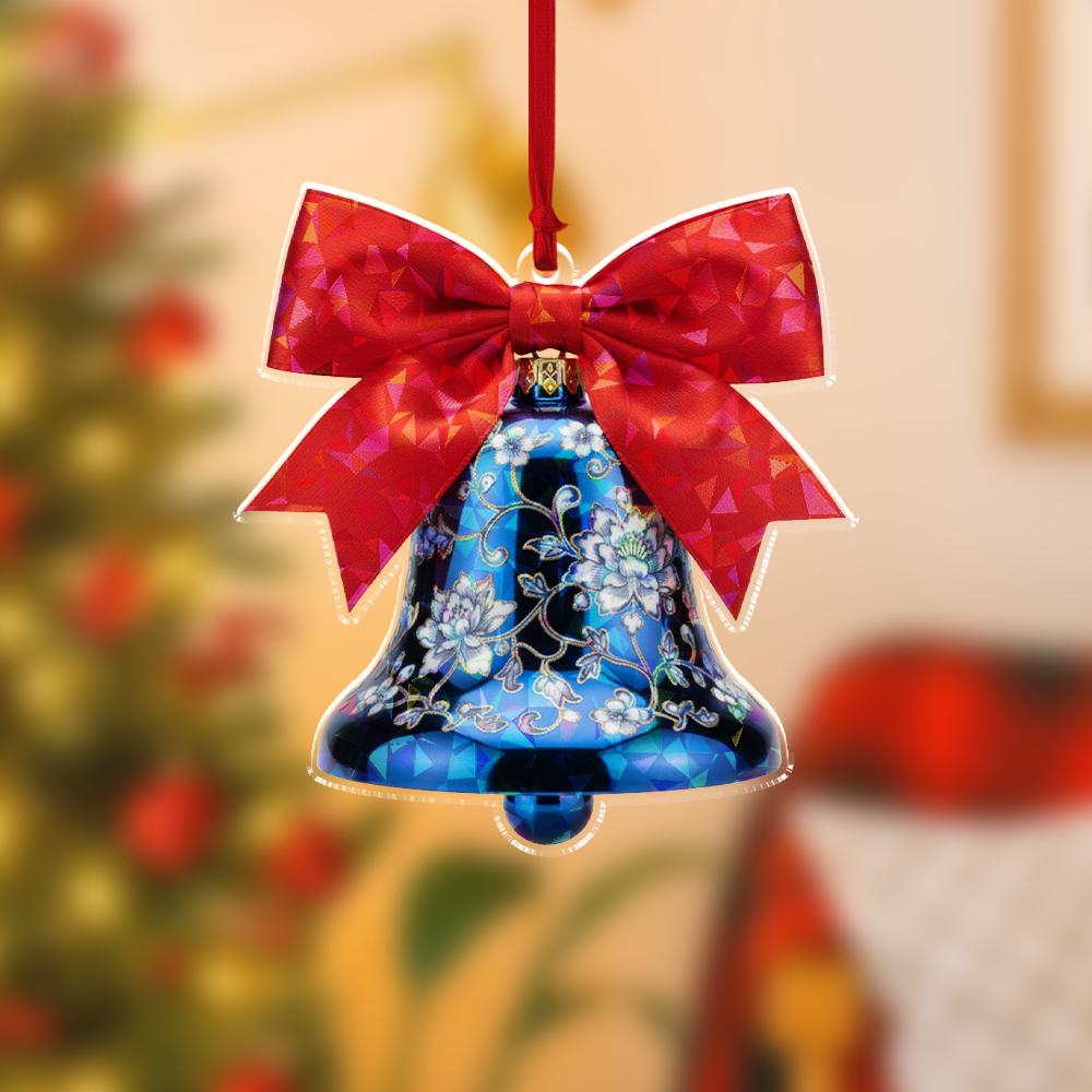 Hologram Chinoiserie Blue Bell Ornament – Red Bow Floral Christmas Tree Decoration Ceramic Style