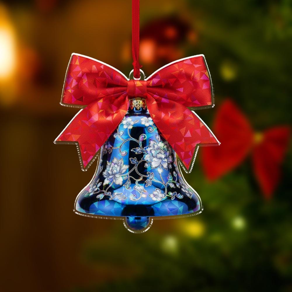 Hologram Chinoiserie Blue Bell Ornament – Red Bow Floral Christmas Tree Decoration Ceramic Style
