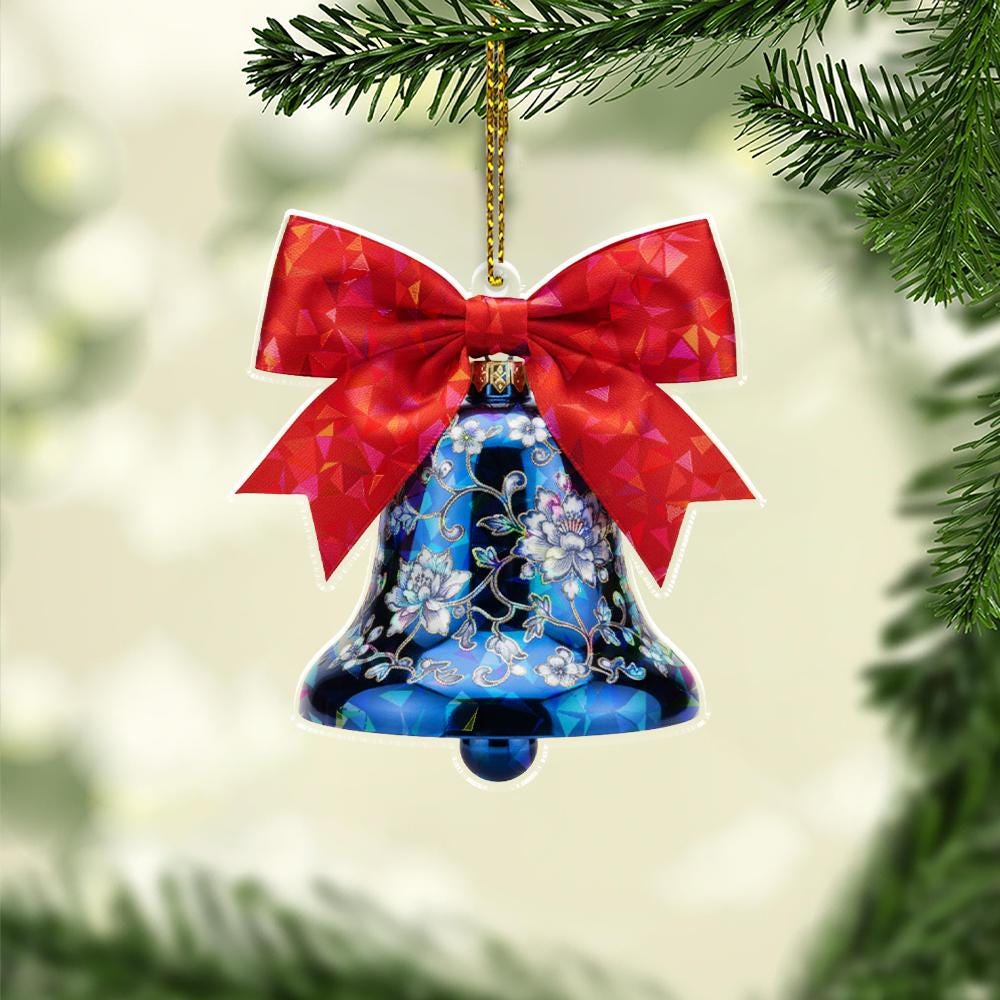 Hologram Chinoiserie Blue Bell Ornament – Red Bow Floral Christmas Tree Decoration Ceramic Style