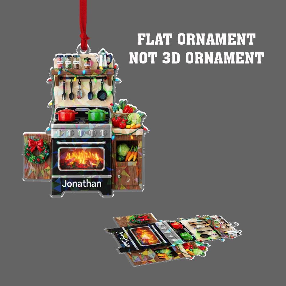 Personalized Kitchen Grill Ornament, Acrylic BBQ with Name & Santa Hat