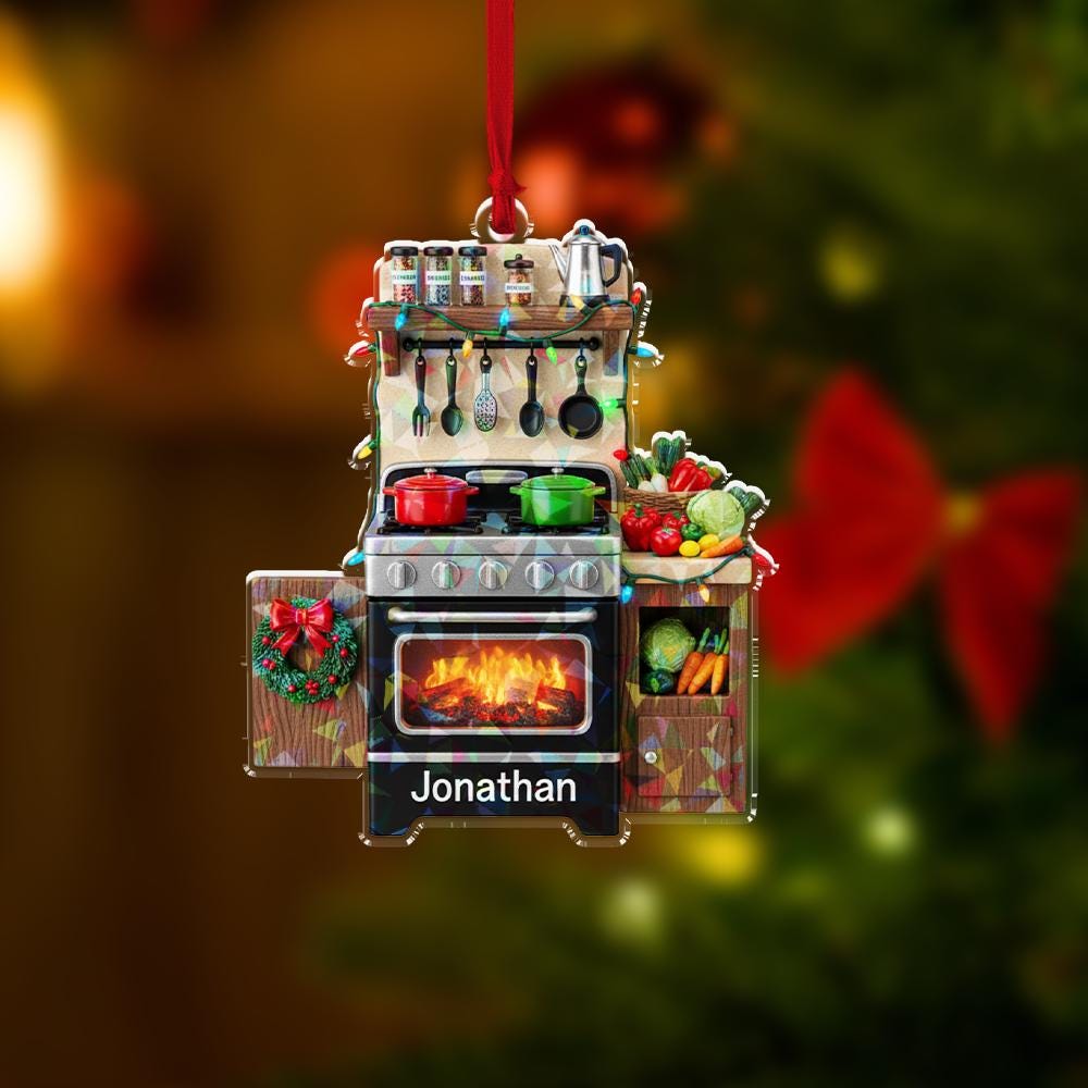Personalized Kitchen Grill Ornament, Acrylic BBQ with Name & Santa Hat