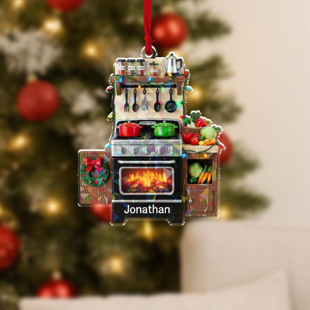 Personalized Kitchen Grill Ornament, Acrylic BBQ with Name & Santa Hat