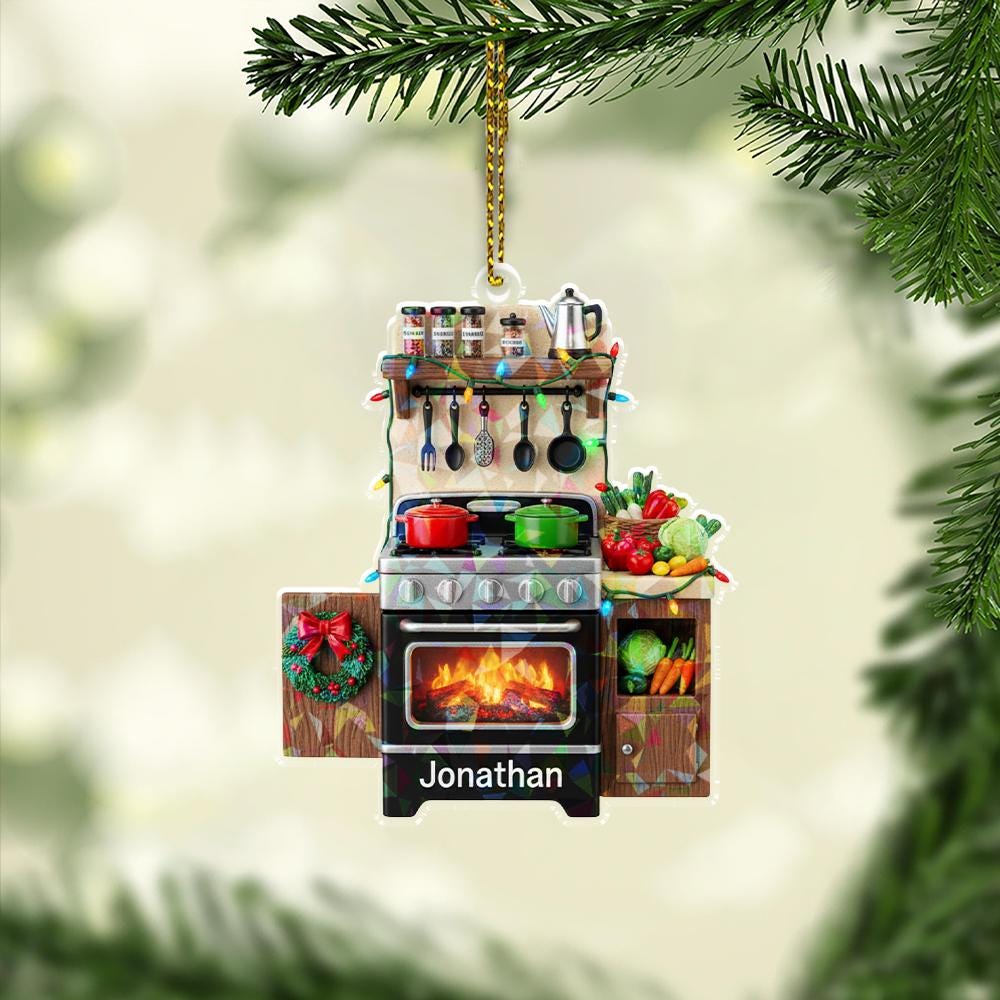 Personalized Kitchen Grill Ornament, Acrylic BBQ with Name & Santa Hat