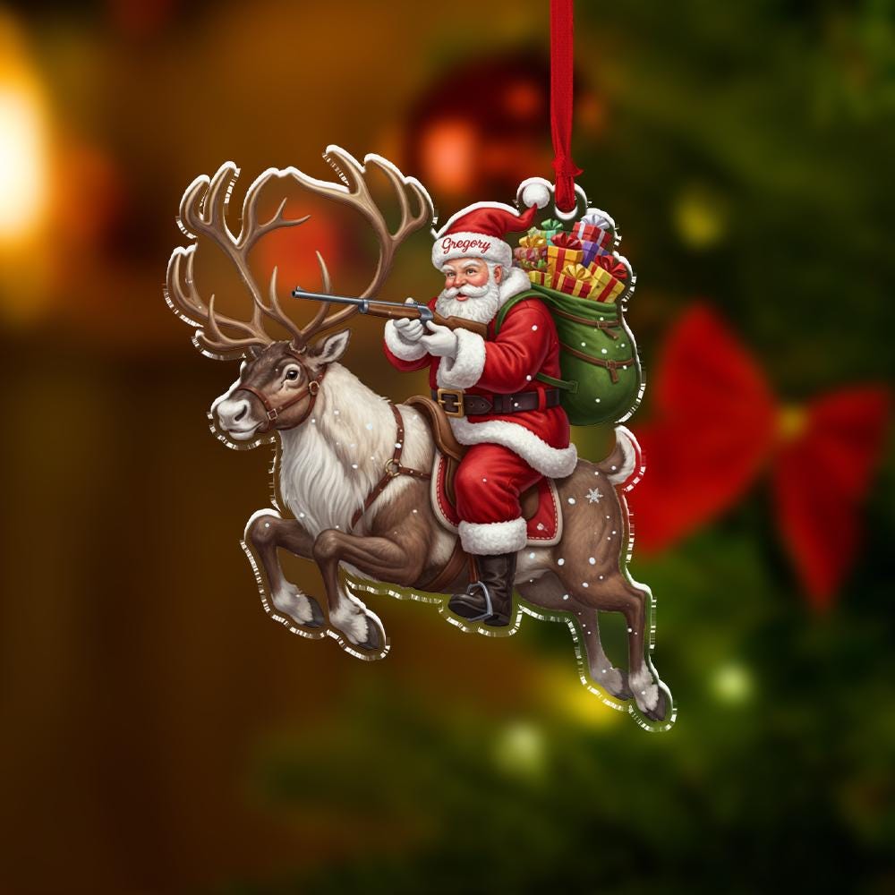 Personalized Hunting Santa Ornament – Custom Christmas Tree Decoration with Reindeer and Rifle Design