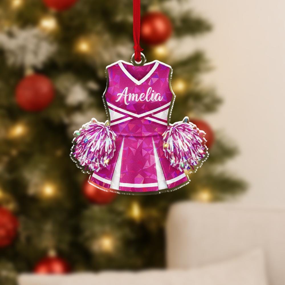Personalized Cheerleading Uniform Ornament, Acrylic Cheer Dress with Pom-poms & Name