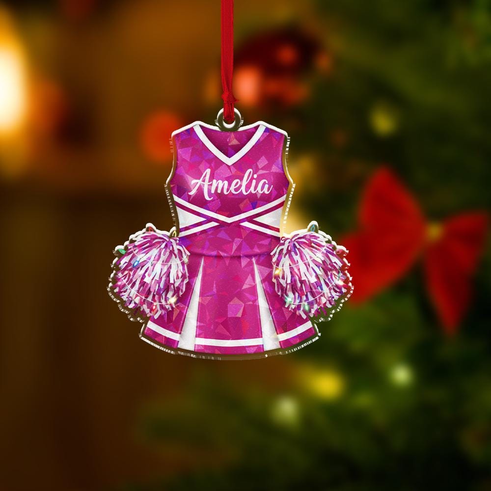 Personalized Cheerleading Uniform Ornament, Acrylic Cheer Dress with Pom-poms & Name