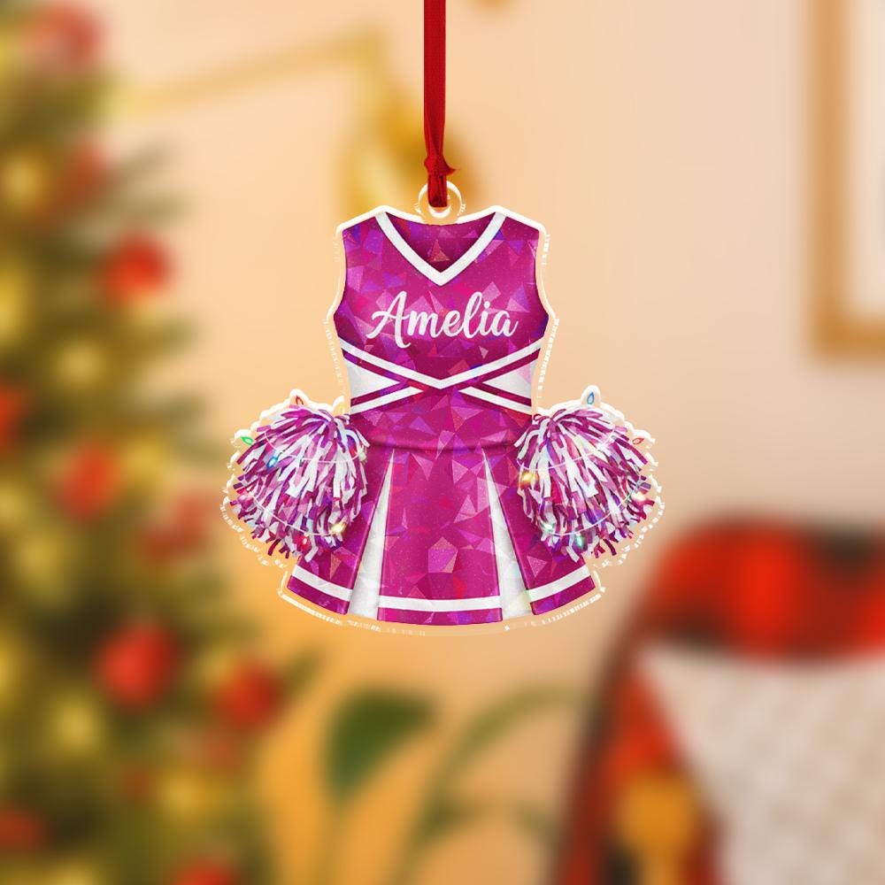 Personalized Cheerleading Uniform Ornament, Acrylic Cheer Dress with Pom-poms & Name