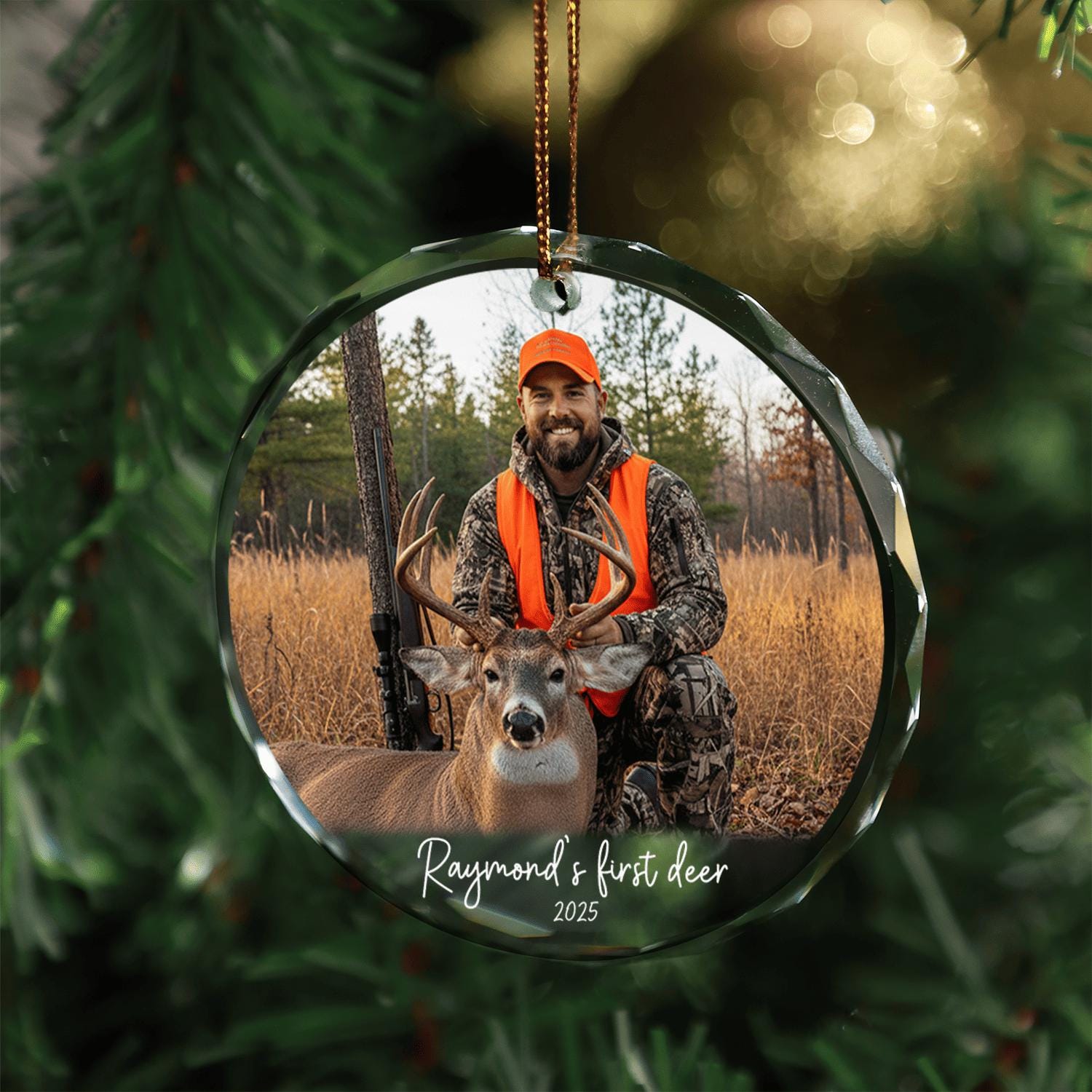 First Deer Hunting Ornament – Personalized Glass Christmas Tree Decoration with Hunter and Deer Photo