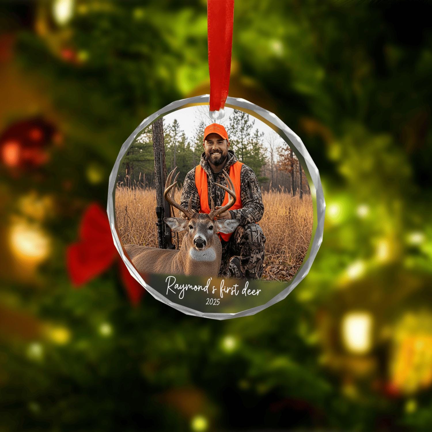 First Deer Hunting Ornament – Personalized Glass Christmas Tree Decoration with Hunter and Deer Photo