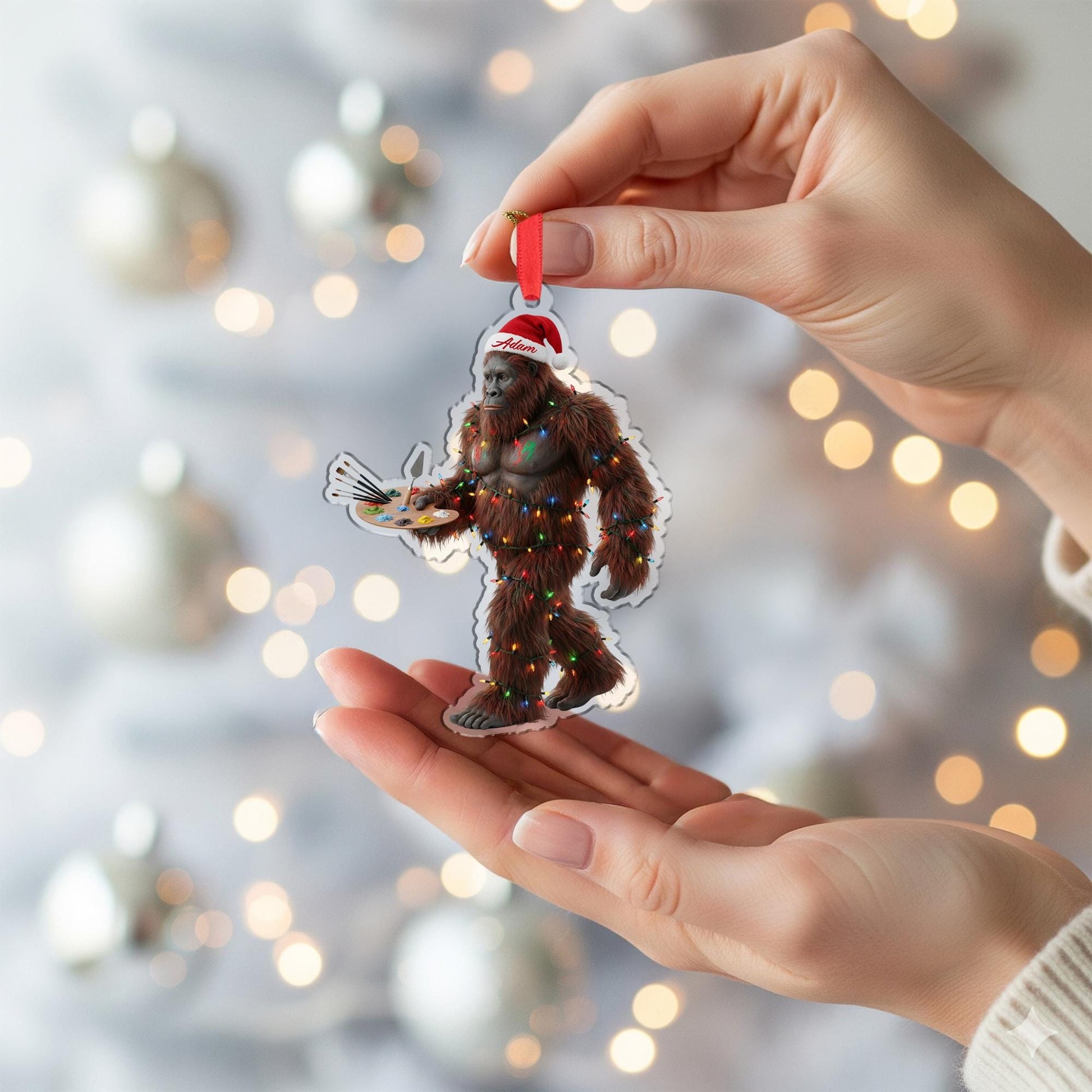 Funny Bigfoot Painting Ornament, Personalized Sasquatch Christmas Tree Gift