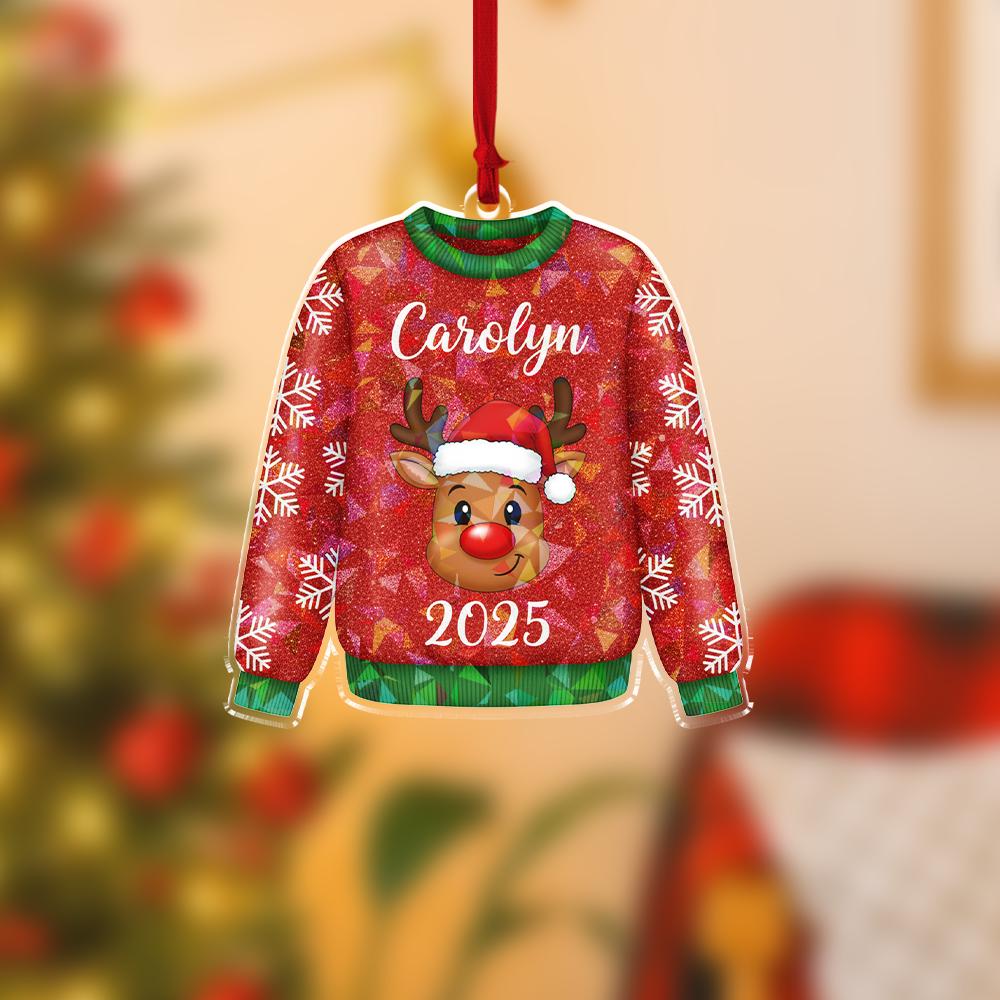 Hologram Personalized Ugly Sweater Ornament 2025 – Custom Name Snowman and Reindeer Decoration