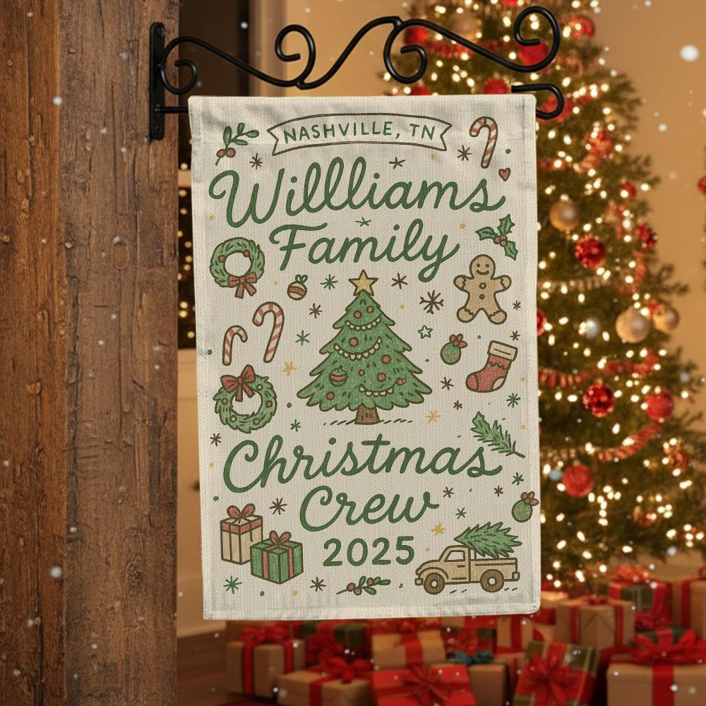 Personalized Christmas Crew Flag, Polyester Holiday Banner with Family Name