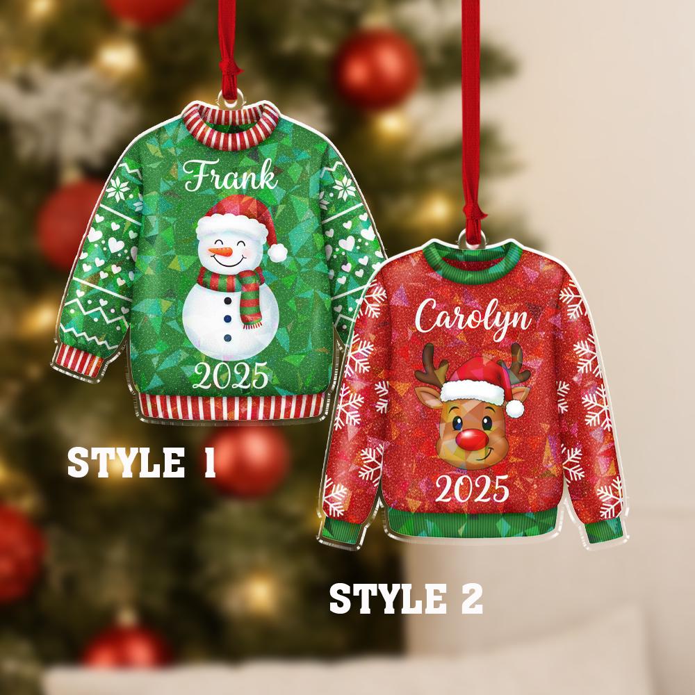 Hologram Personalized Ugly Sweater Ornament 2025 – Custom Name Snowman and Reindeer Decoration