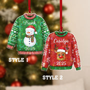 Hologram Personalized Ugly Sweater Ornament 2025 – Custom Name Snowman and Reindeer Decoration
