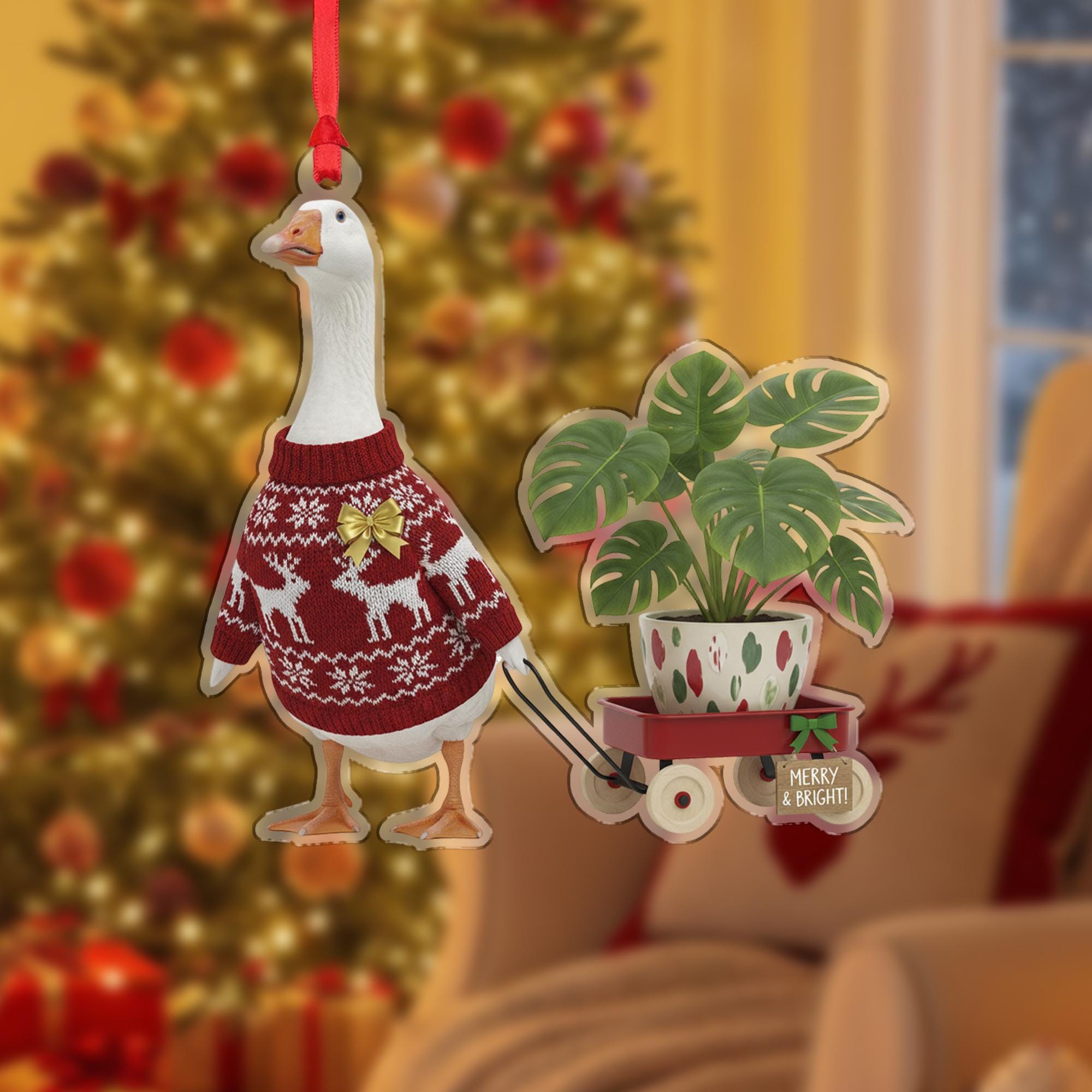 Goose Christmas Ornament, Funny Monstera Plant Holiday Tree Decor Gift