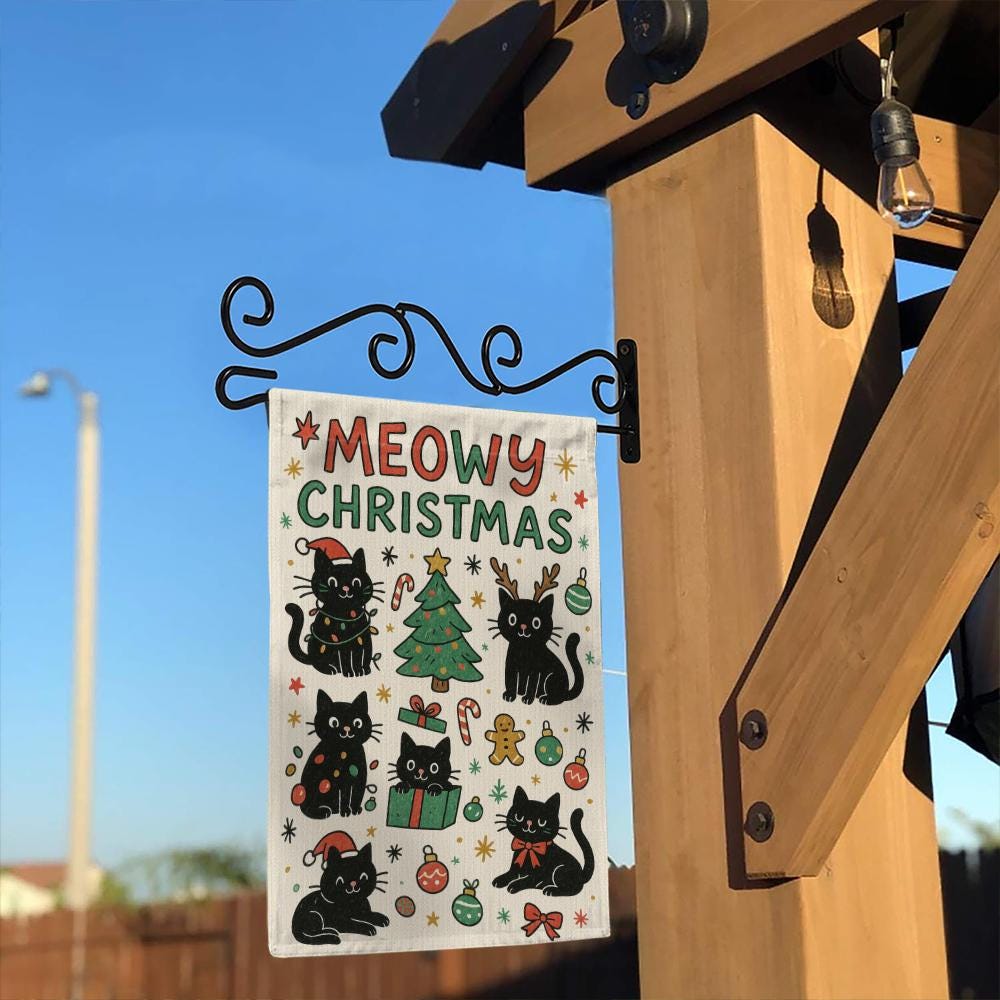 Cat Christmas Flag, Polyester Holiday Banner “Meowy Christmas”