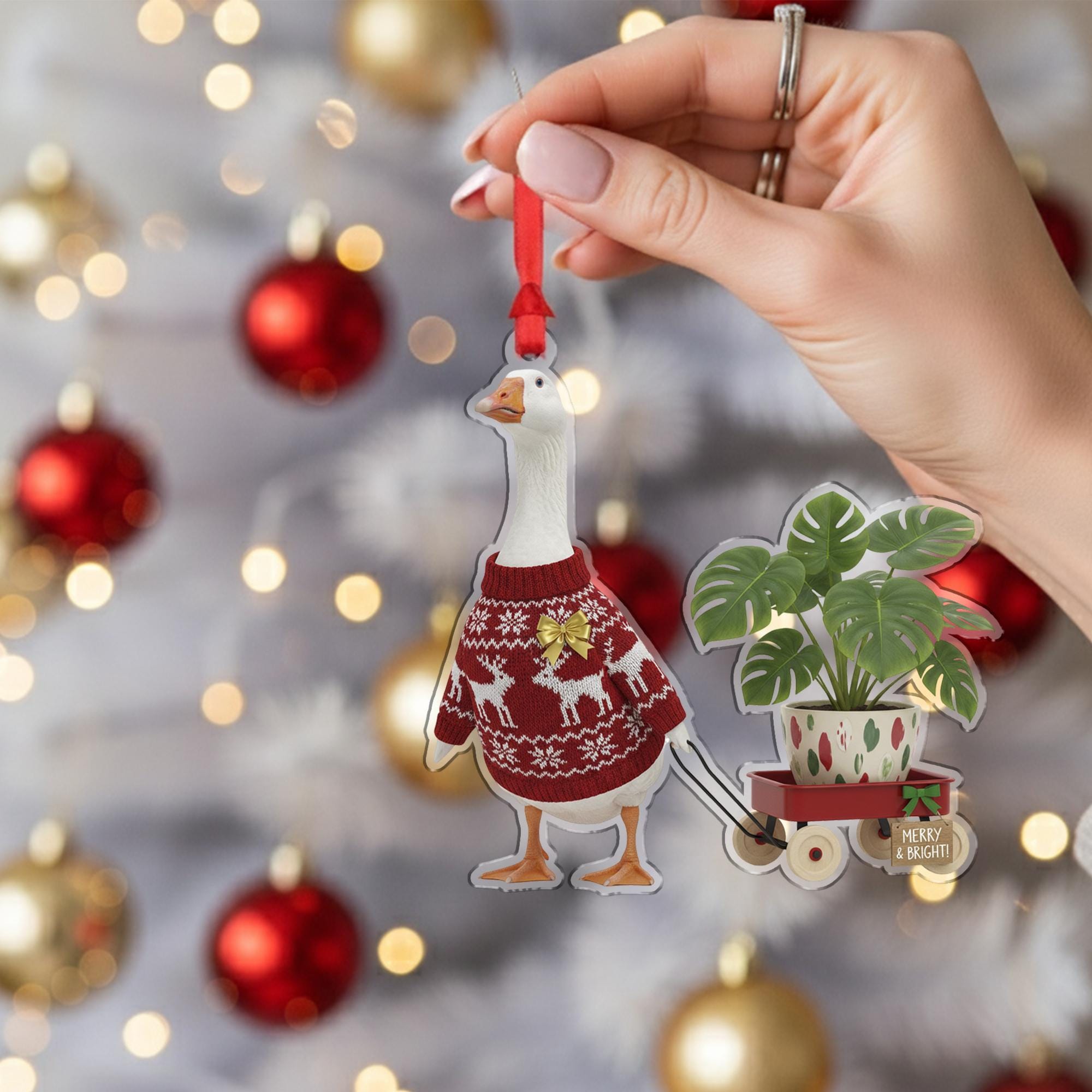 Goose Christmas Ornament, Funny Monstera Plant Holiday Tree Decor Gift