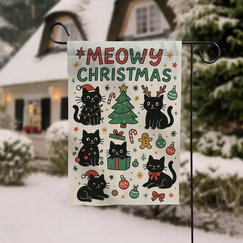 Cat Christmas Flag, Polyester Holiday Banner “Meowy Christmas”