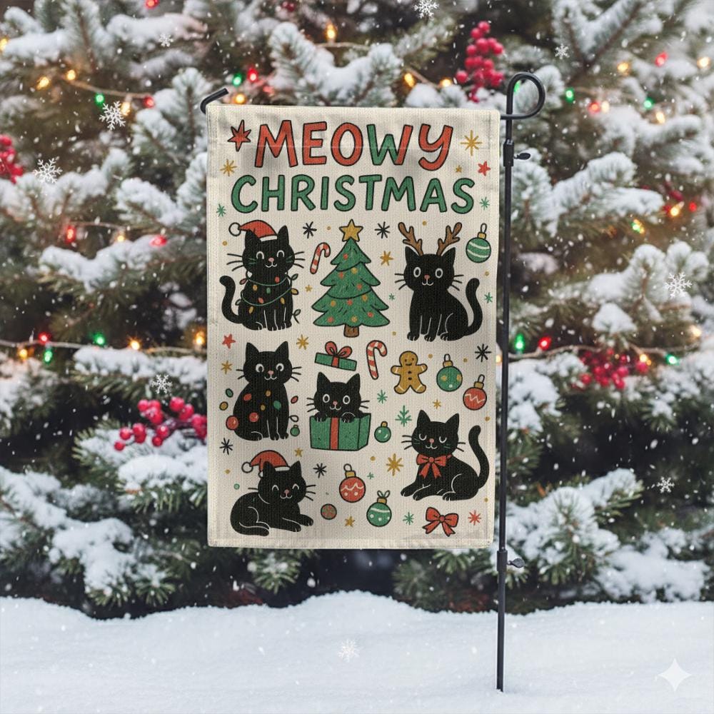 Cat Christmas Flag, Polyester Holiday Banner “Meowy Christmas”