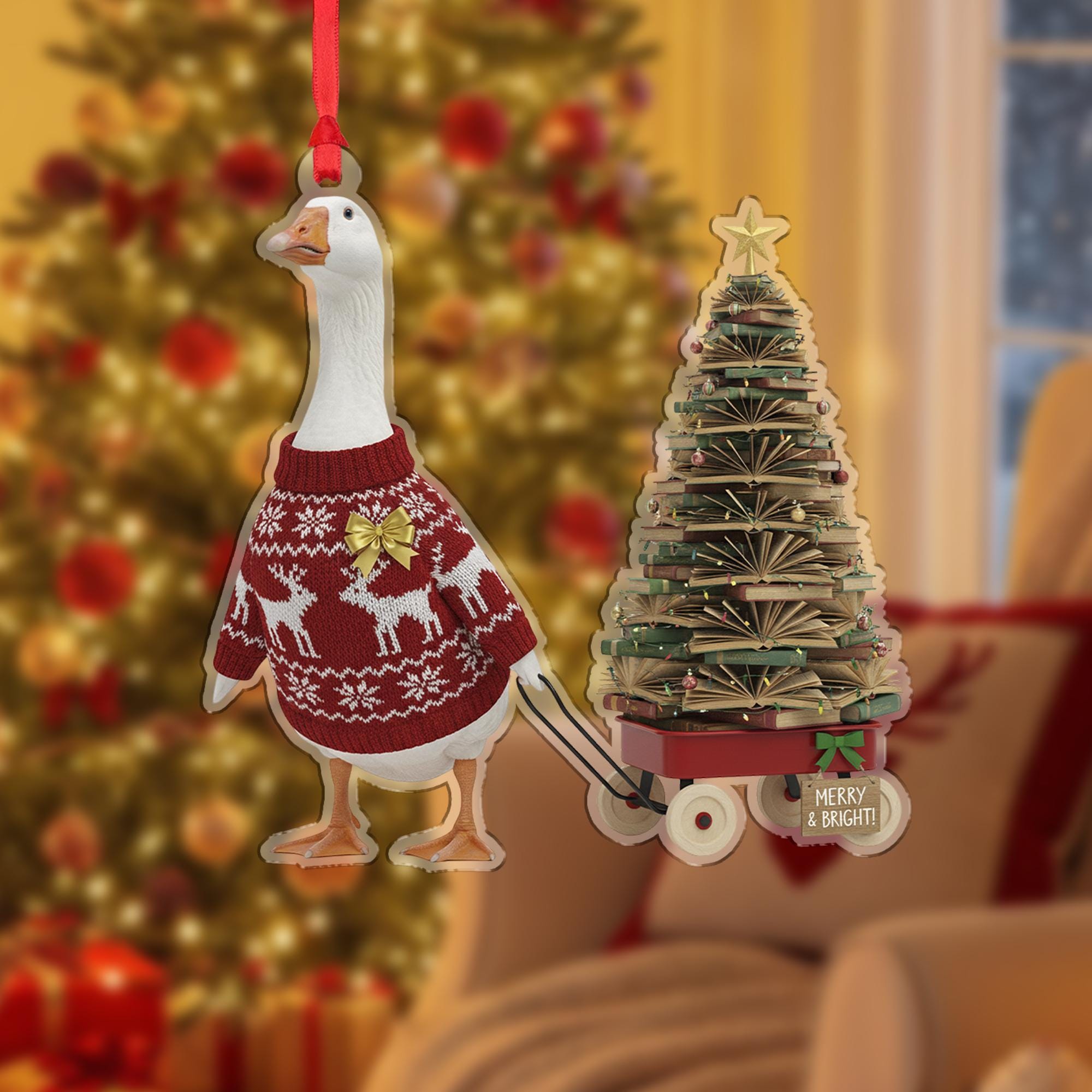 Goose Christmas Ornament, Funny Holiday Bookstack Tree Farm Animal Decor Gift”