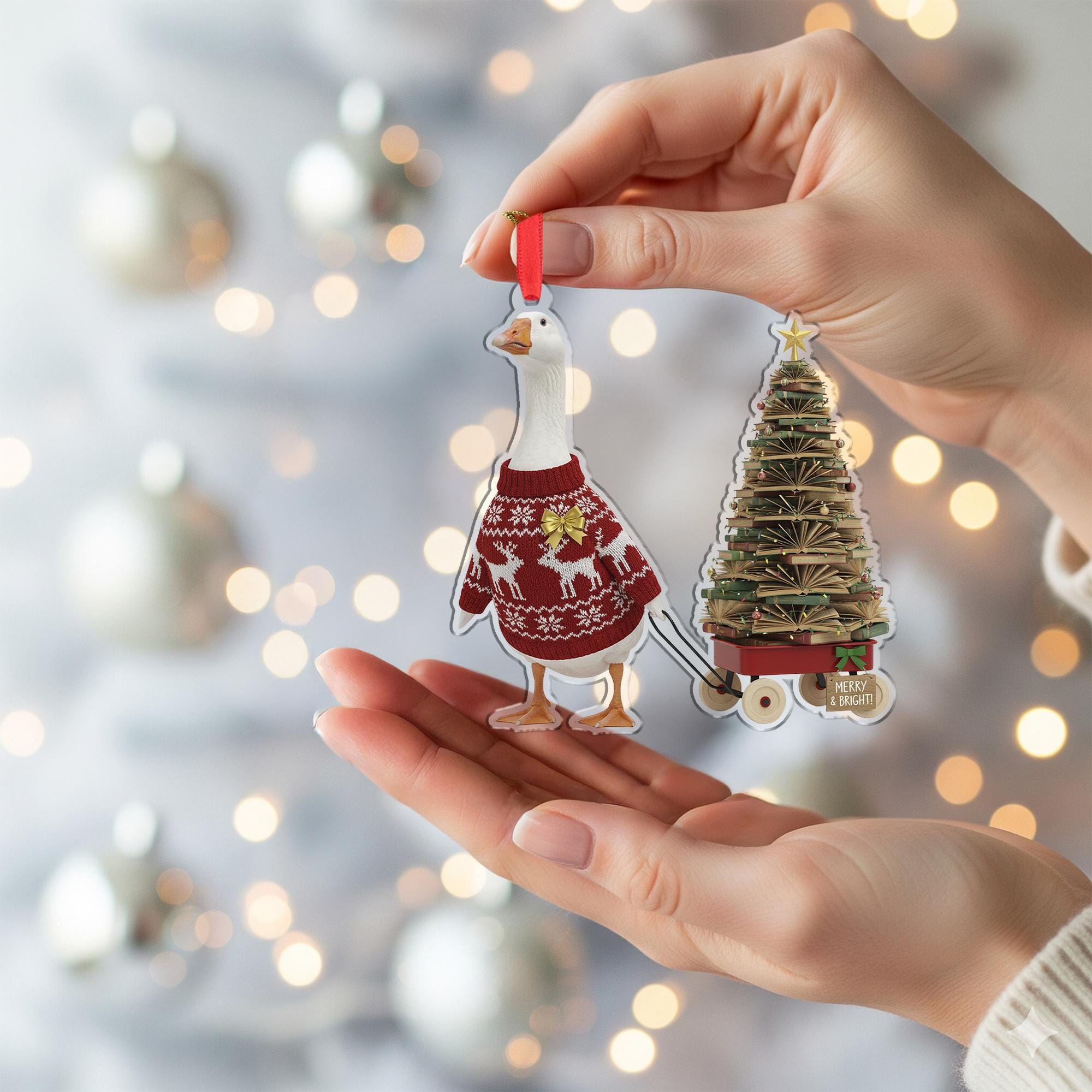 Goose Christmas Ornament, Funny Holiday Bookstack Tree Farm Animal Decor Gift”