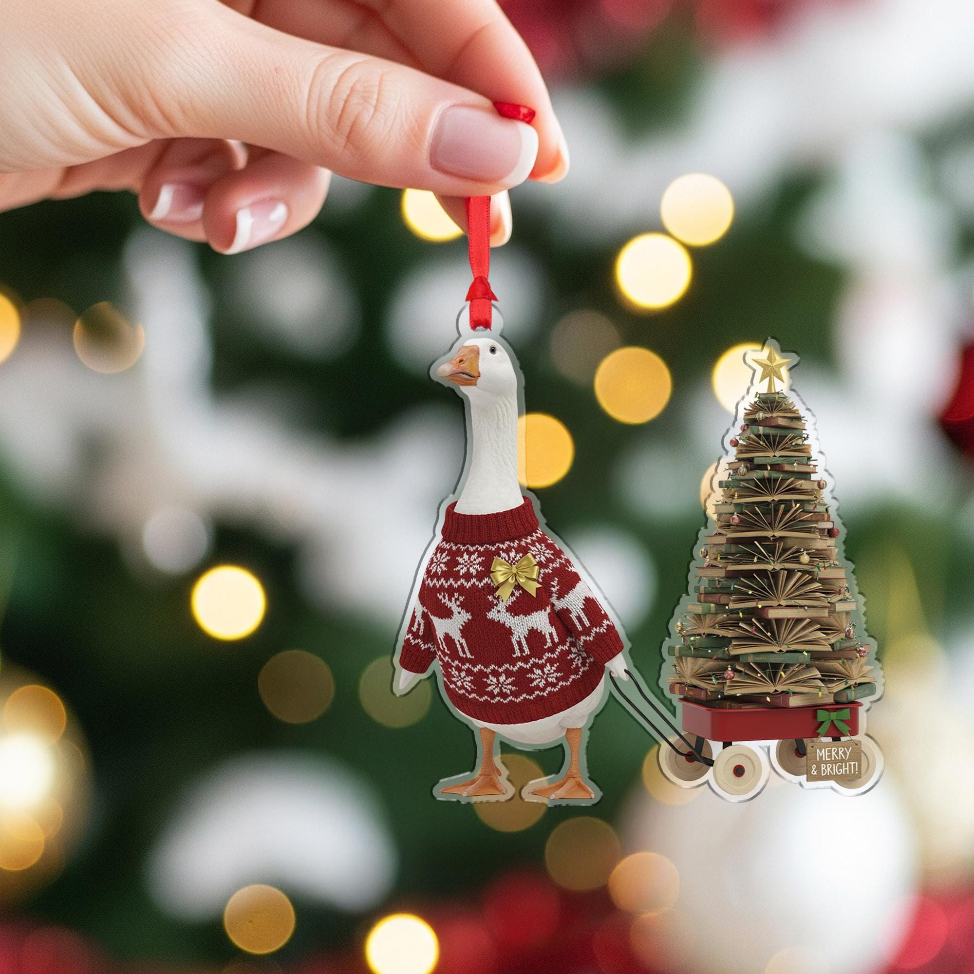 Goose Christmas Ornament, Funny Holiday Bookstack Tree Farm Animal Decor Gift”