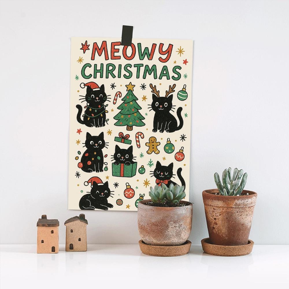 Cat Christmas Poster, “Meowy Christmas” Wall Art, Printed Holiday Decoration