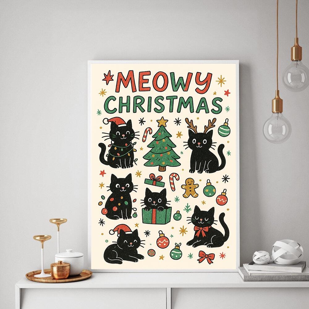 Cat Christmas Poster, “Meowy Christmas” Wall Art, Printed Holiday Decoration