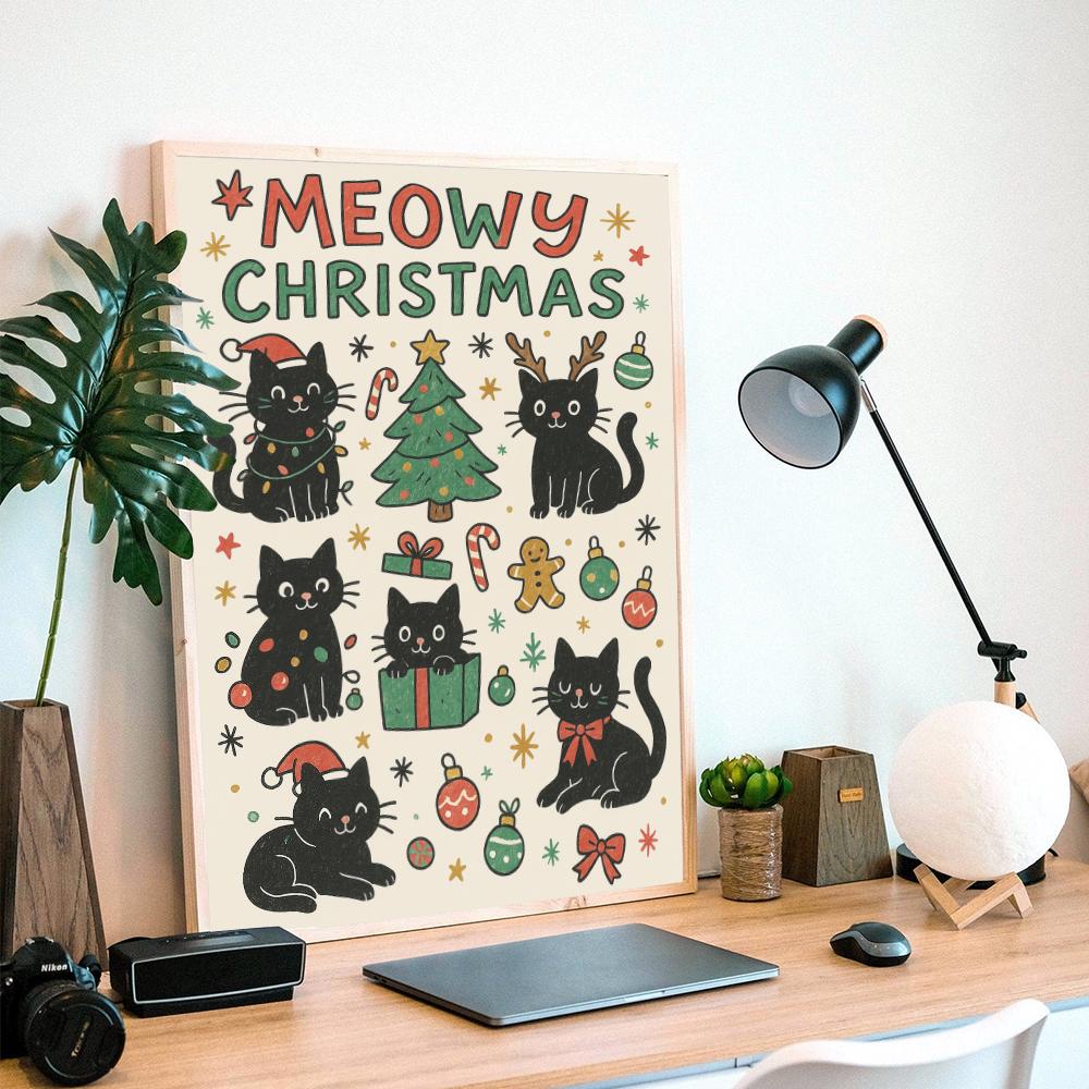 Cat Christmas Poster, “Meowy Christmas” Wall Art, Printed Holiday Decoration
