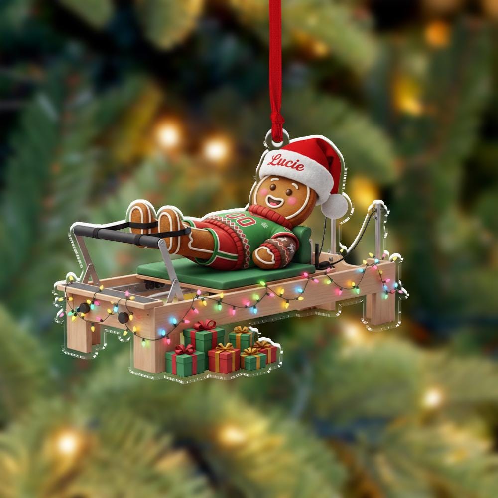 Personalized Gingerbread Pilates Ornament 2025 – Custom Name Christmas Reformer Decoration for Tree Display