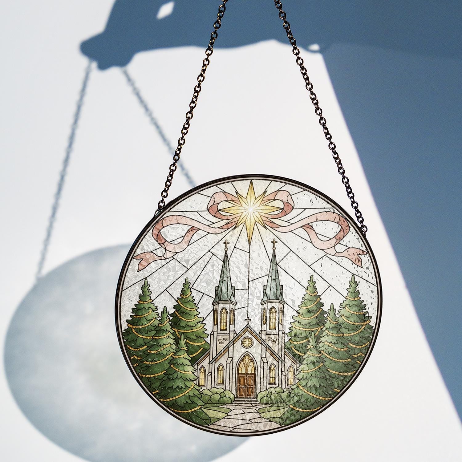 Glass Suncatcher: Church Window Scene with Star and Trees