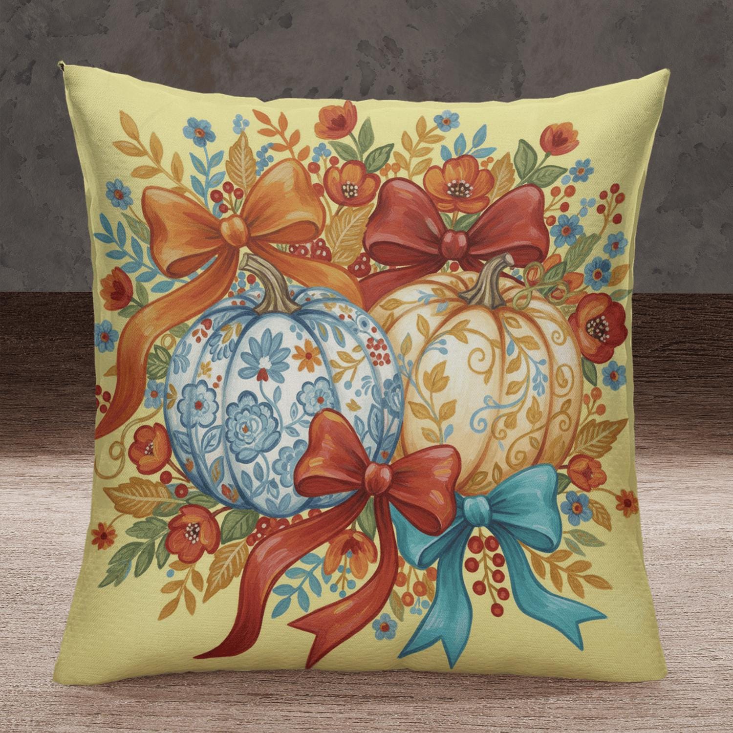 Thanksgiving Pumpkin Pillow – Fall Floral Bow Cushion for Sofa or Autumn Home Decoration