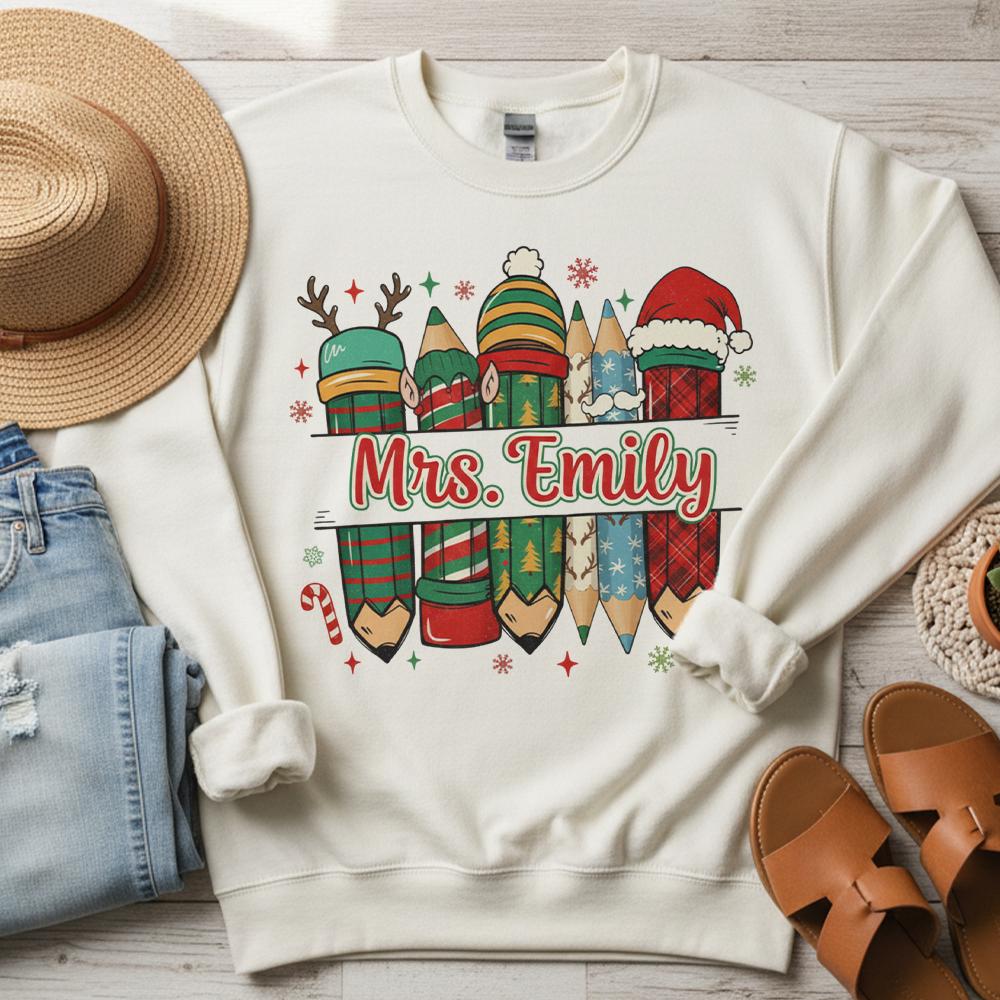Personalized Teacher Christmas Sweatshirt, Cotton Holiday Crewneck with Festive Pencil Design