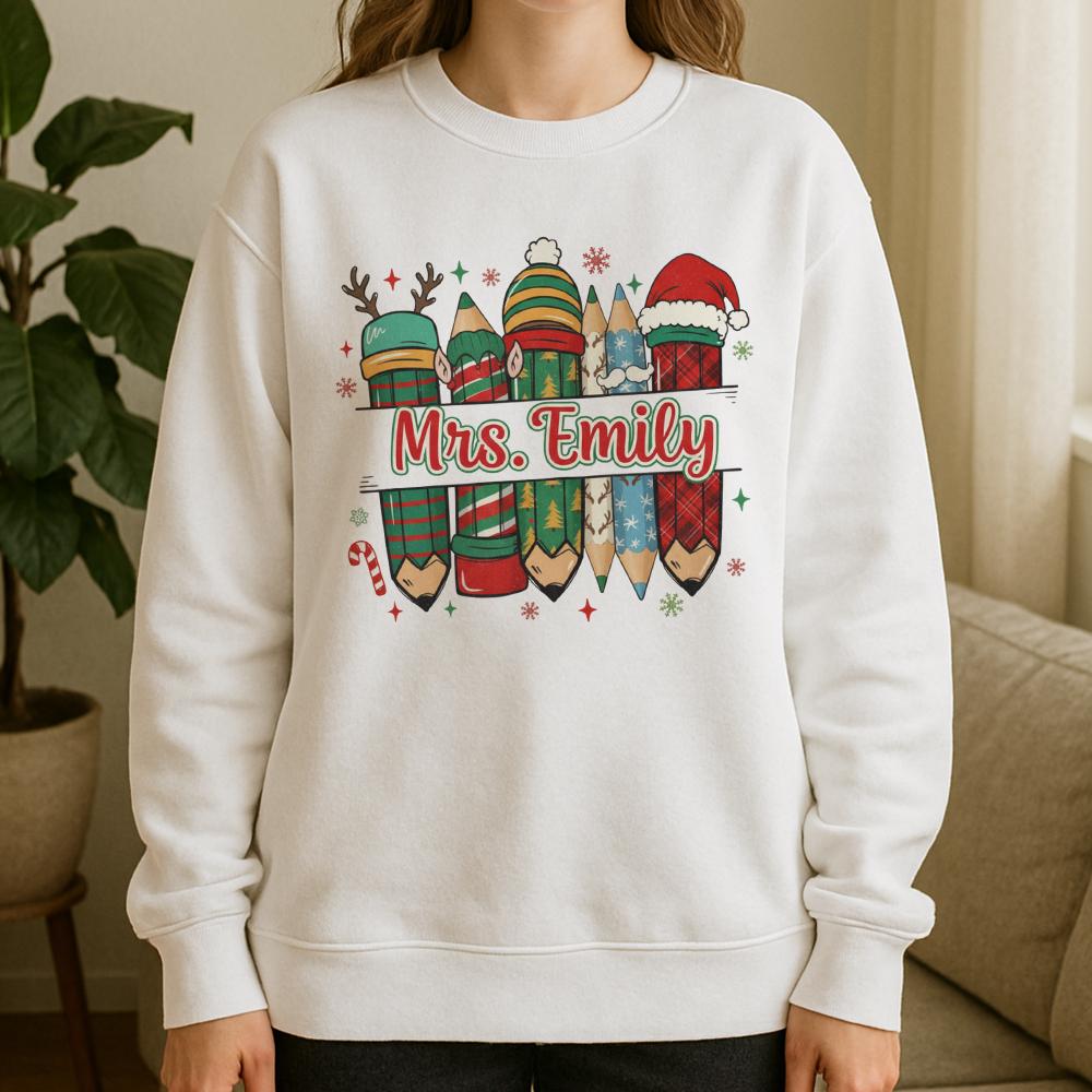 Personalized Teacher Christmas Sweatshirt, Cotton Holiday Crewneck with Festive Pencil Design