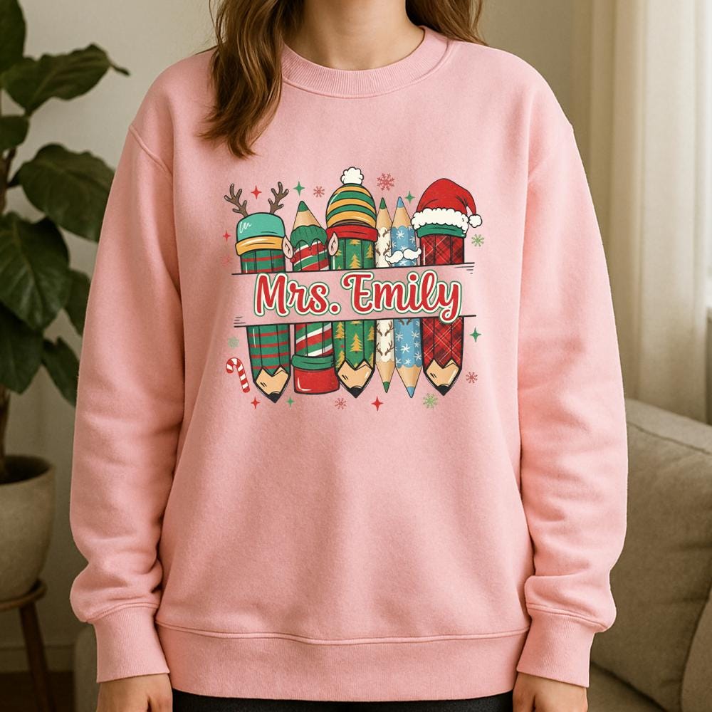 Personalized Teacher Christmas Sweatshirt, Cotton Holiday Crewneck with Festive Pencil Design