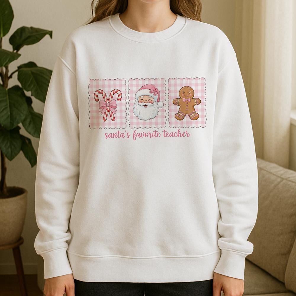 Teacher Christmas Sweatshirt, Cotton Holiday Crewneck with Santa and Gingerbread Design