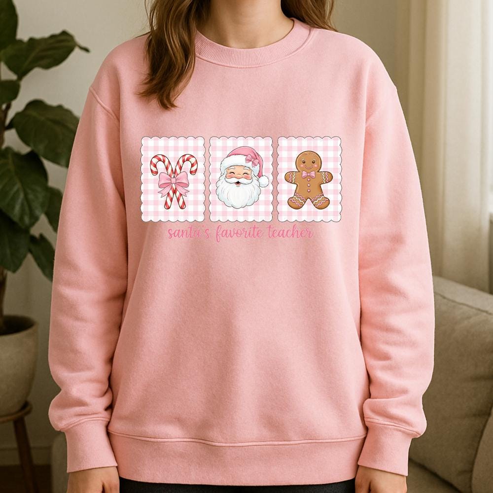 Teacher Christmas Sweatshirt, Cotton Holiday Crewneck with Santa and Gingerbread Design