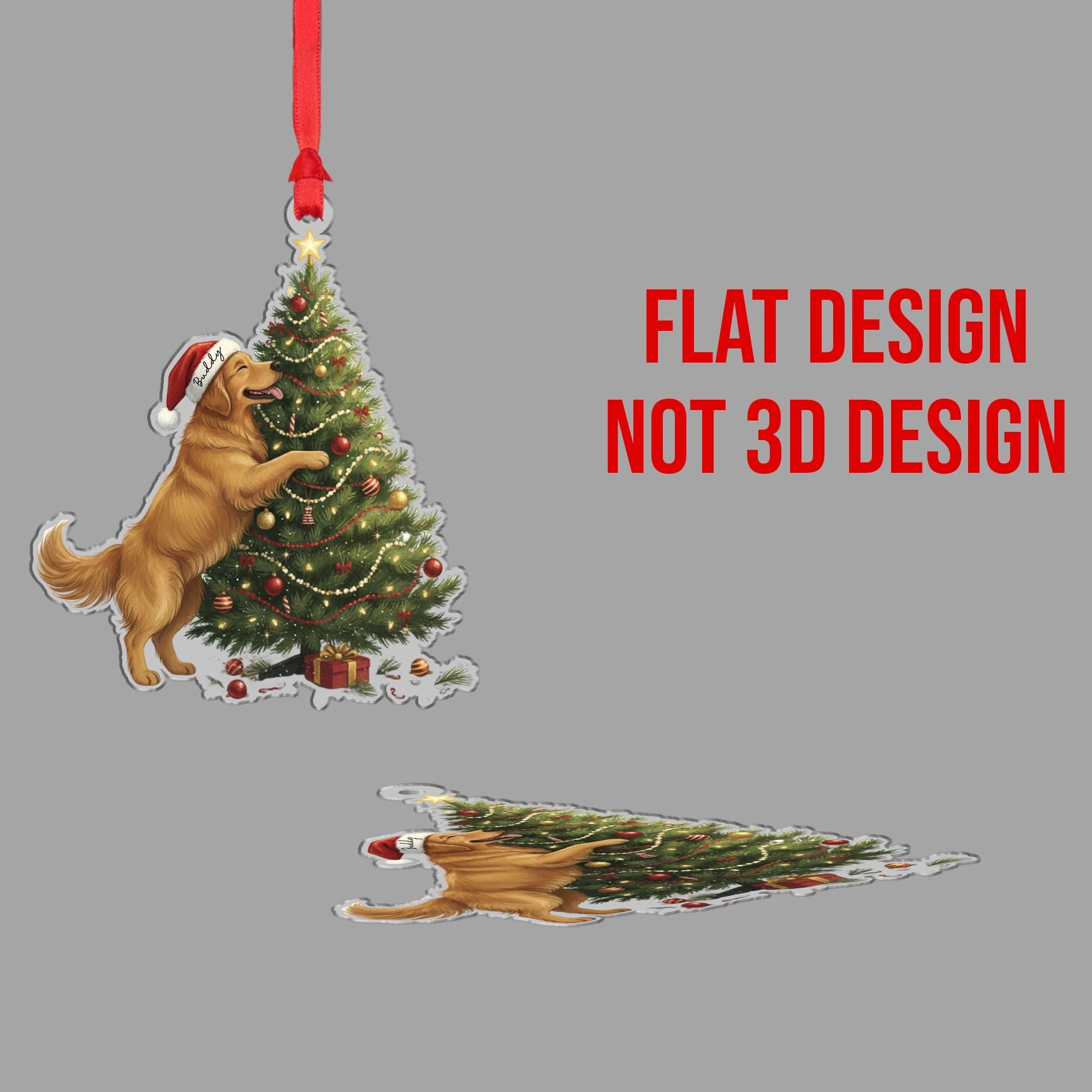 Personalized Dog Christmas Ornament – Golden Retriever with Santa Hat and Holiday Tree