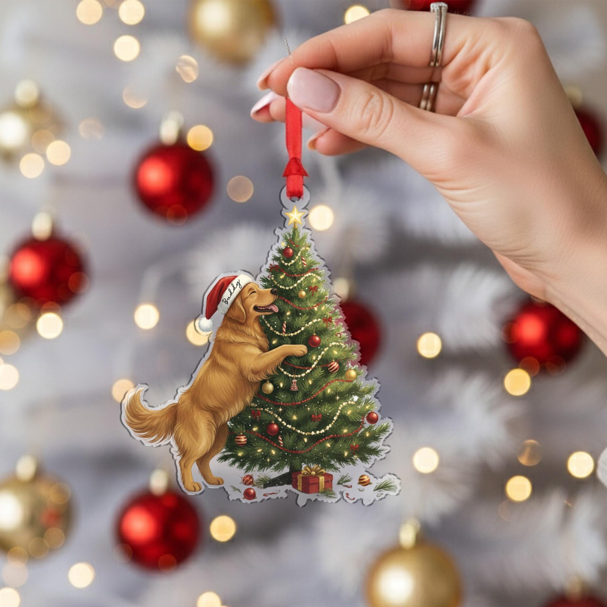 Personalized Dog Christmas Ornament – Golden Retriever with Santa Hat and Holiday Tree