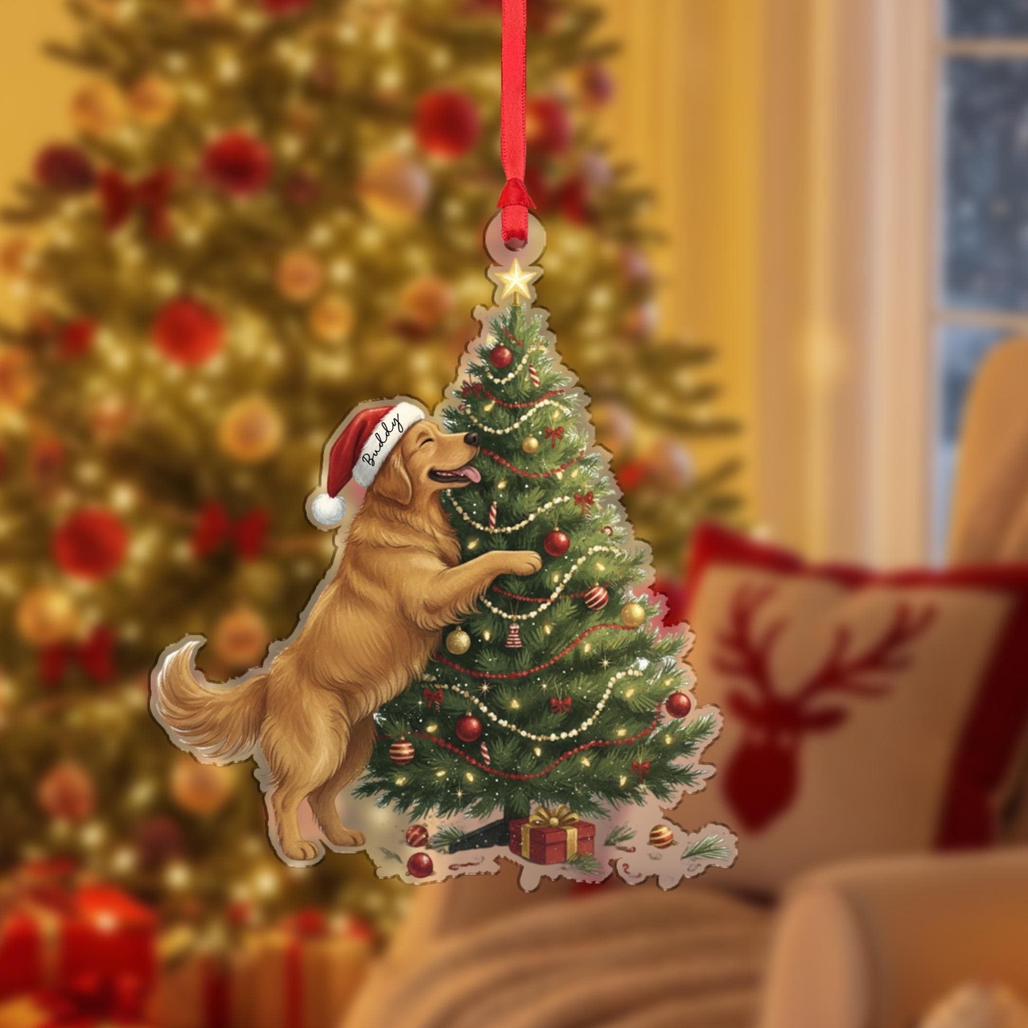 Personalized Dog Christmas Ornament – Golden Retriever with Santa Hat and Holiday Tree